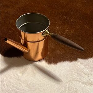 vtg copper kettle with wood handle - stovetop milk warmer or chocolate melter